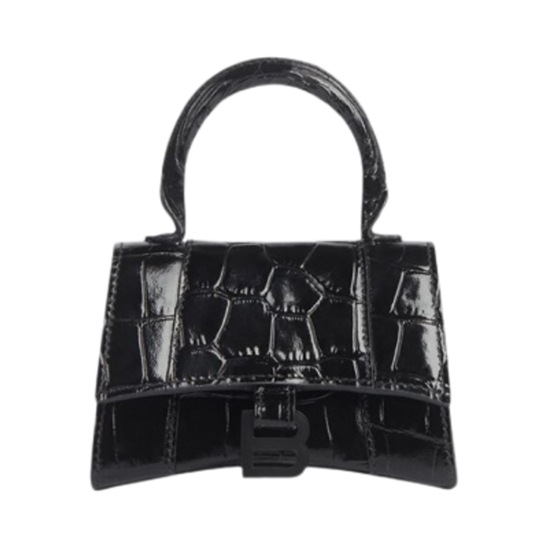 6373721LR671000 Balenciaga Crocodile Embossed Calfskin Hourglass Mini Handbag Black