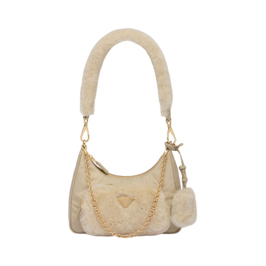 1BC198-K4D-F0F24 Prada Re-Nylon Shearling Mini Bag Desert Beige