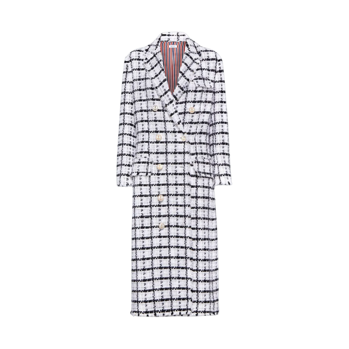 (W) 톰브라운 윈도페인 체크 시폰 트위드 프레이 오버사이즈 체스터필드 코트 화이트((W) Thom Browne Windowpane Check Chiffon Tweed Fray Oversized Chesterfield Coat White) - 1
