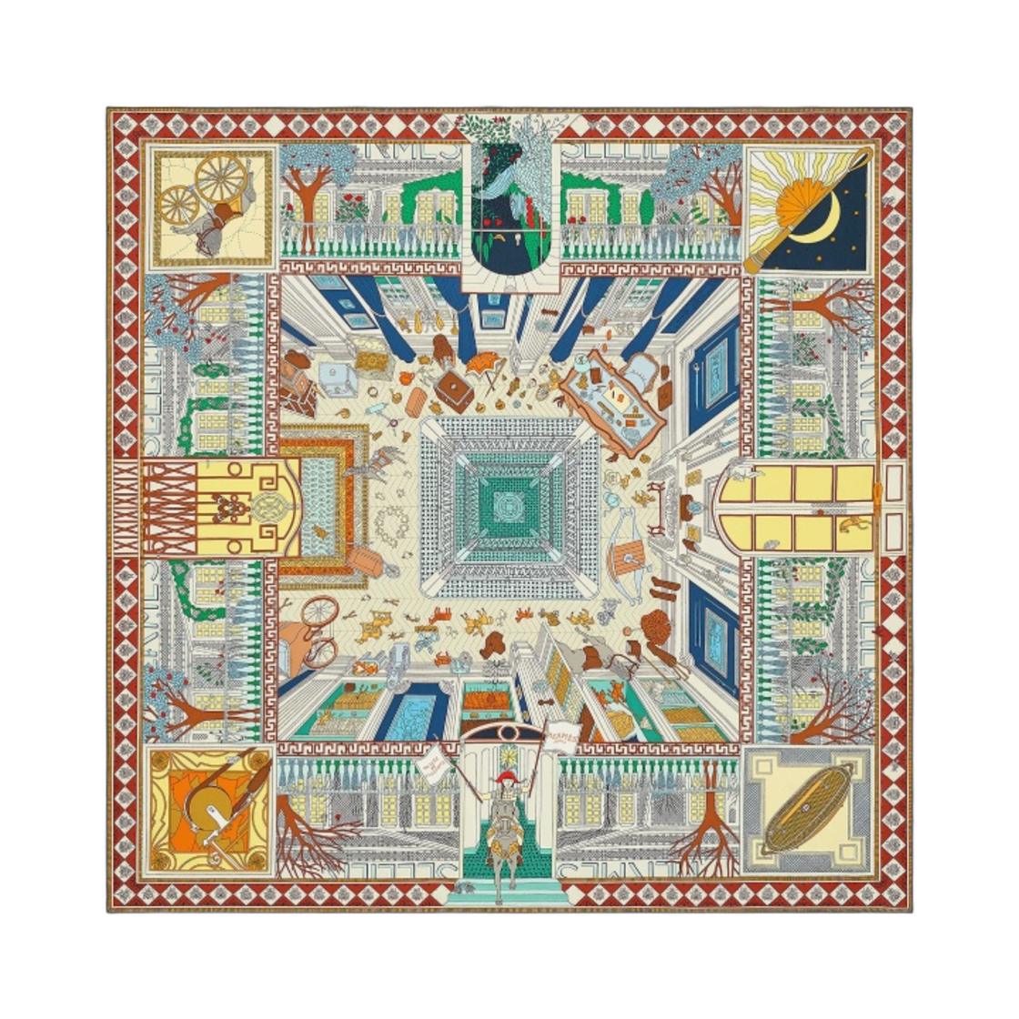 (W) 에르메스 오브젝트 드 큐리오시떼 스카프 90 베르 죤 멀티꼴로르((W) Hermes Objets de Curiosite Scarf 90 Vert Jaune Multicolore) - 1