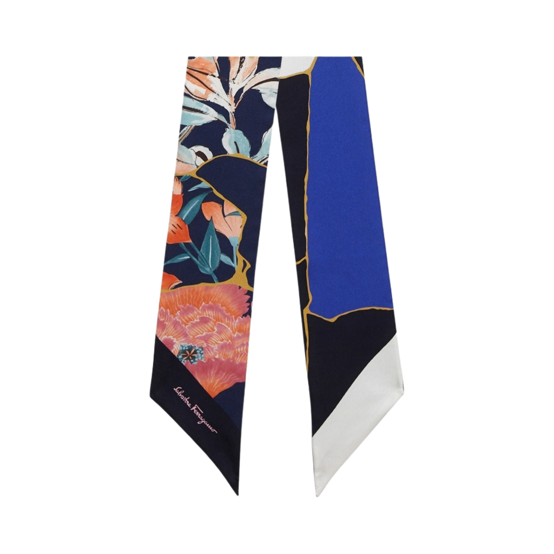 (W) 페라가모 킨츠기 프린트 트윌리 밴드 차이나 블루 마린 블루((W) Ferragamo Kintsugi Print Twilly Band China Blue Marine Blue) - 1