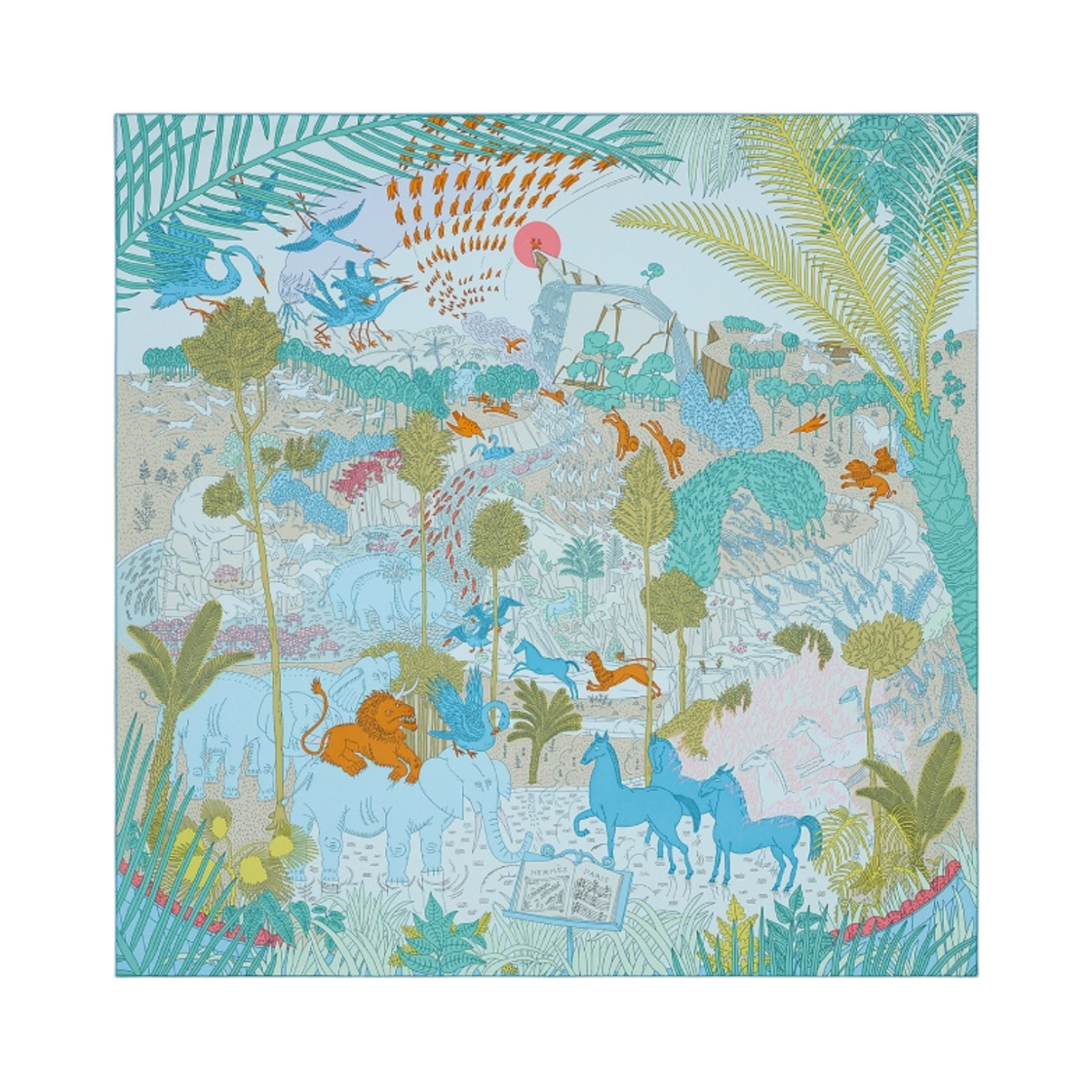 (W) 에르메스 르 카나발 데 아니모 스카프 90 블루 아주르 뜌르꼬아즈 클레어 베르((W) Hermes Le Carnaval des Animaux Scarf 90 Bleu Azur Turquoise Clair Vert) - 1