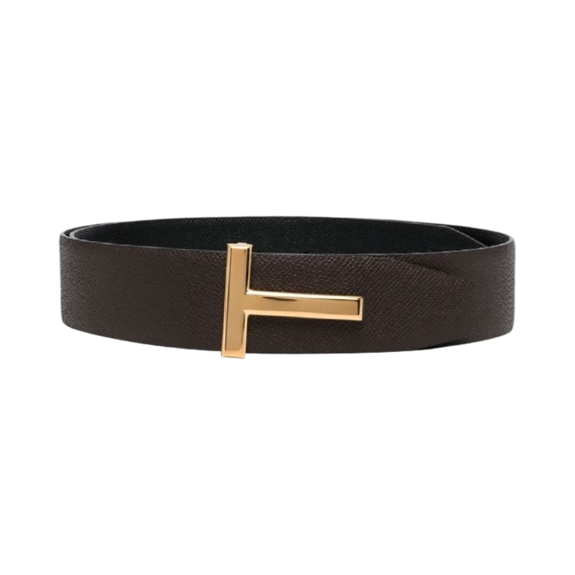 TB178-LCL220G-3BN18 Tom Ford Small Grain Leather T Icon Reversible Belt Chocolate Black