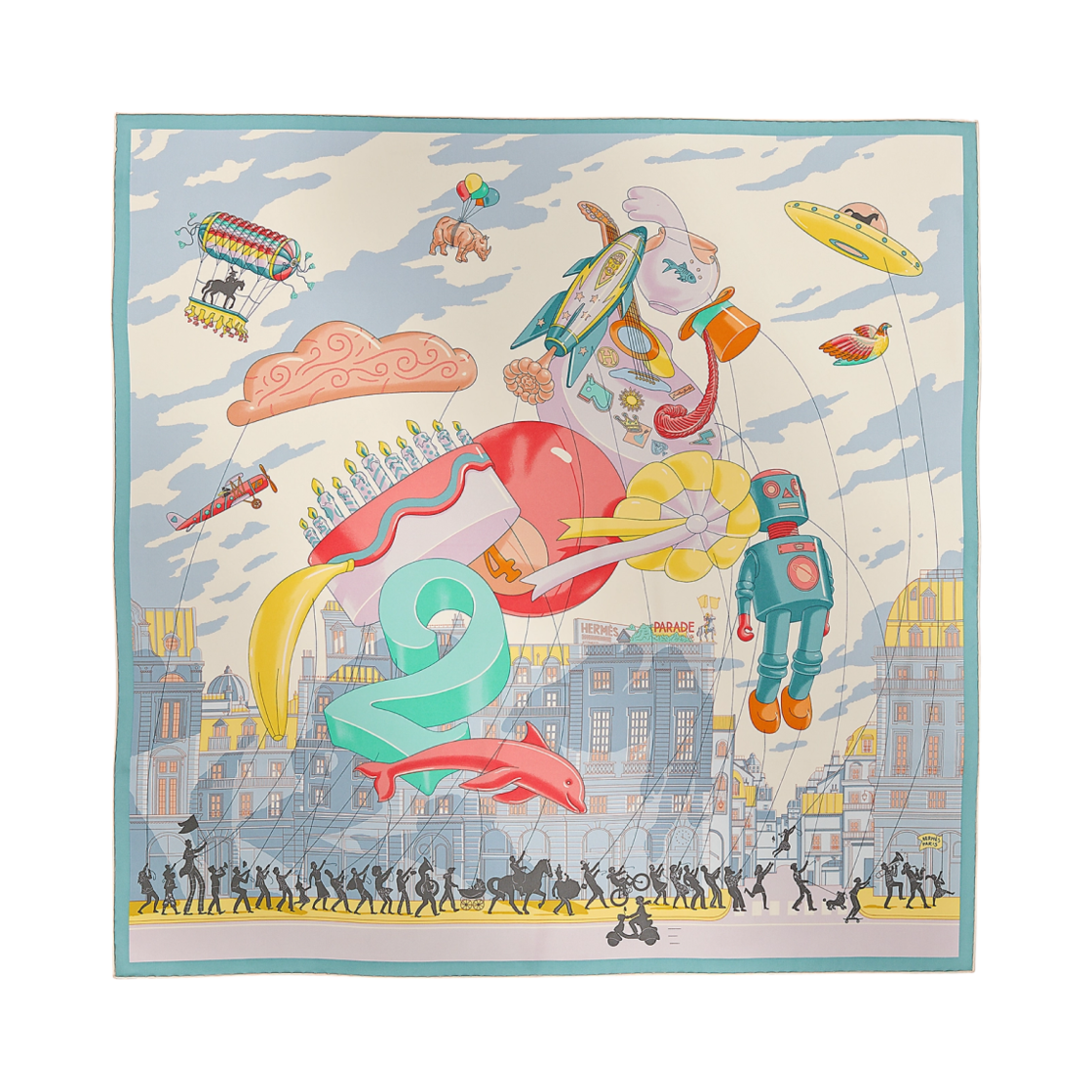 H004150S12 (W) Hermes Parade Scarf 90 Rose Pale Jaune Vif Multicolore
