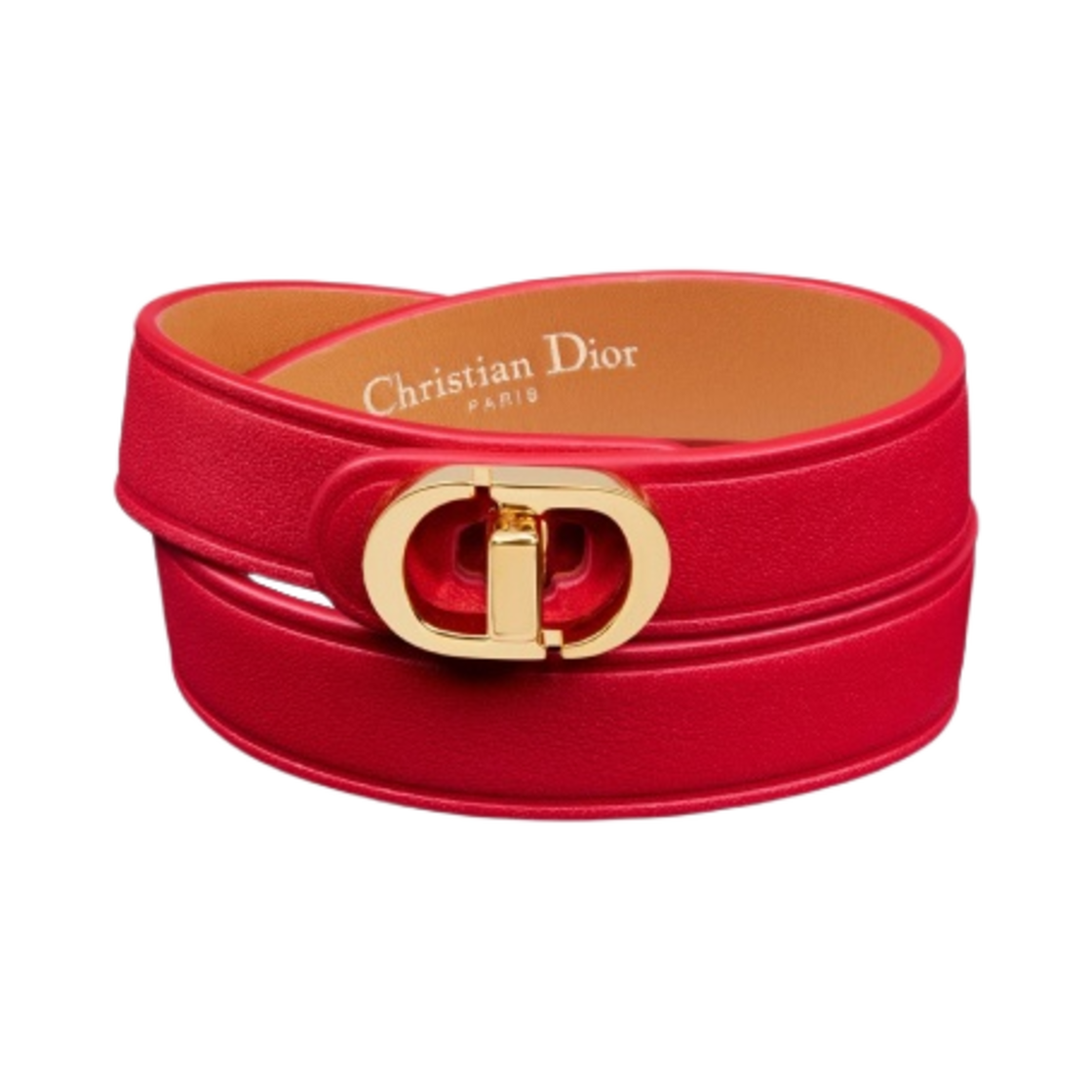 (W) 디올 30 몽테뉴 더블 브레이슬릿 골드 피니쉬 메탈 스칼렛 레드 카프스킨((W) Dior 30 Montaigne Double Bracelet Gold Finish Metal Scarlet Red Calfskin) - 1