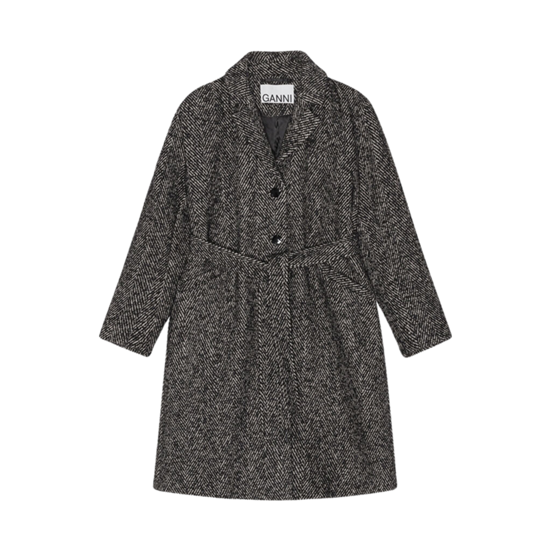 (W) 가니 헤링본 울 벨트 코트 블랙((W) Ganni Herringbone Wool Belt Coat Black)