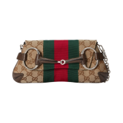 Gucci Horsebit Chain Small Shoulder Bag Beige Ebony GG Canvas