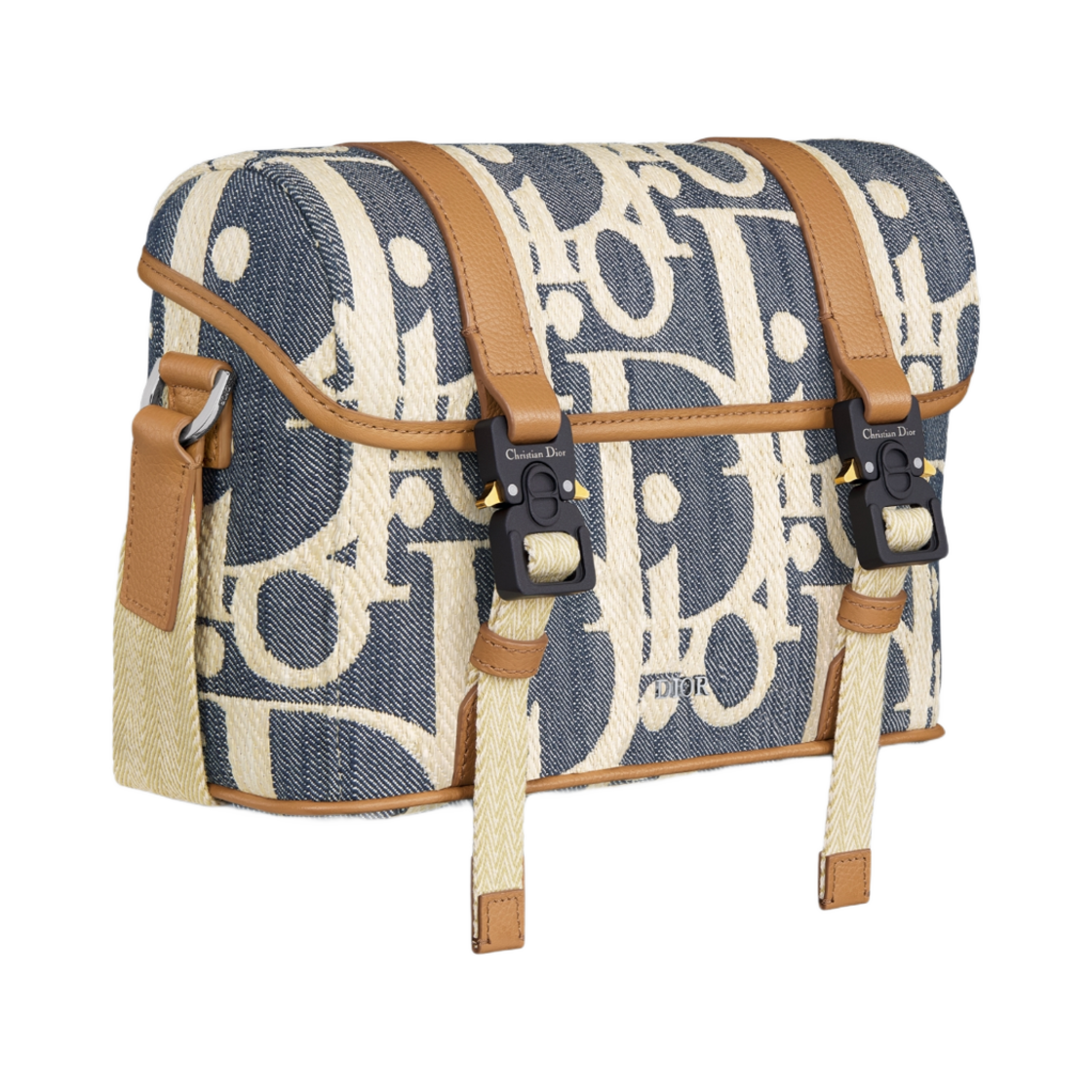 디올 힛 더 로드 메신저 백  플랩 라피아 이펙트 디올 오블리크 데님  그레인드 카프스킨 블루 베이지 브라운(Dior Hit The Road Messenger Bag with Flap Raffia Effect Dior Oblique Denim with Grained Calfskin Blue Beige Brown) - 2