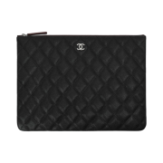 Chanel Medium Classic Pouch Grained Calfskin & Silver Black