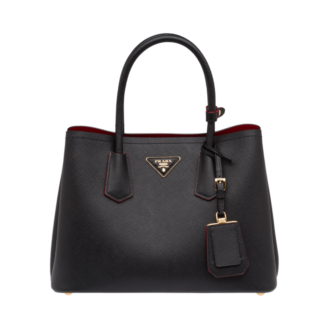 프라다 스몰 사피아노 레더 더블 백 블랙 파이어리 레드