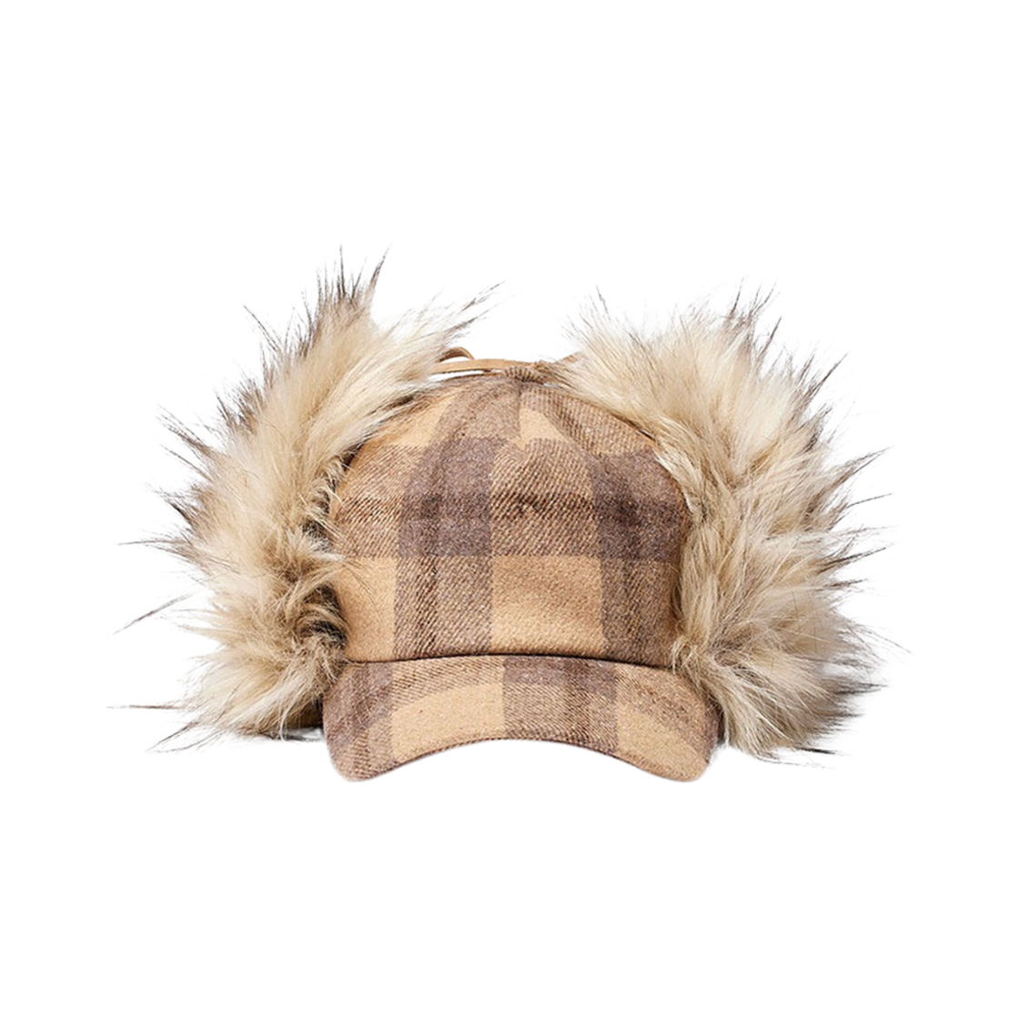 오픈 Yy 타탄 포우 퍼 이어플랩 캡 베이지(Open Yy Tartan Faux Fur Earflap Cap Beige)