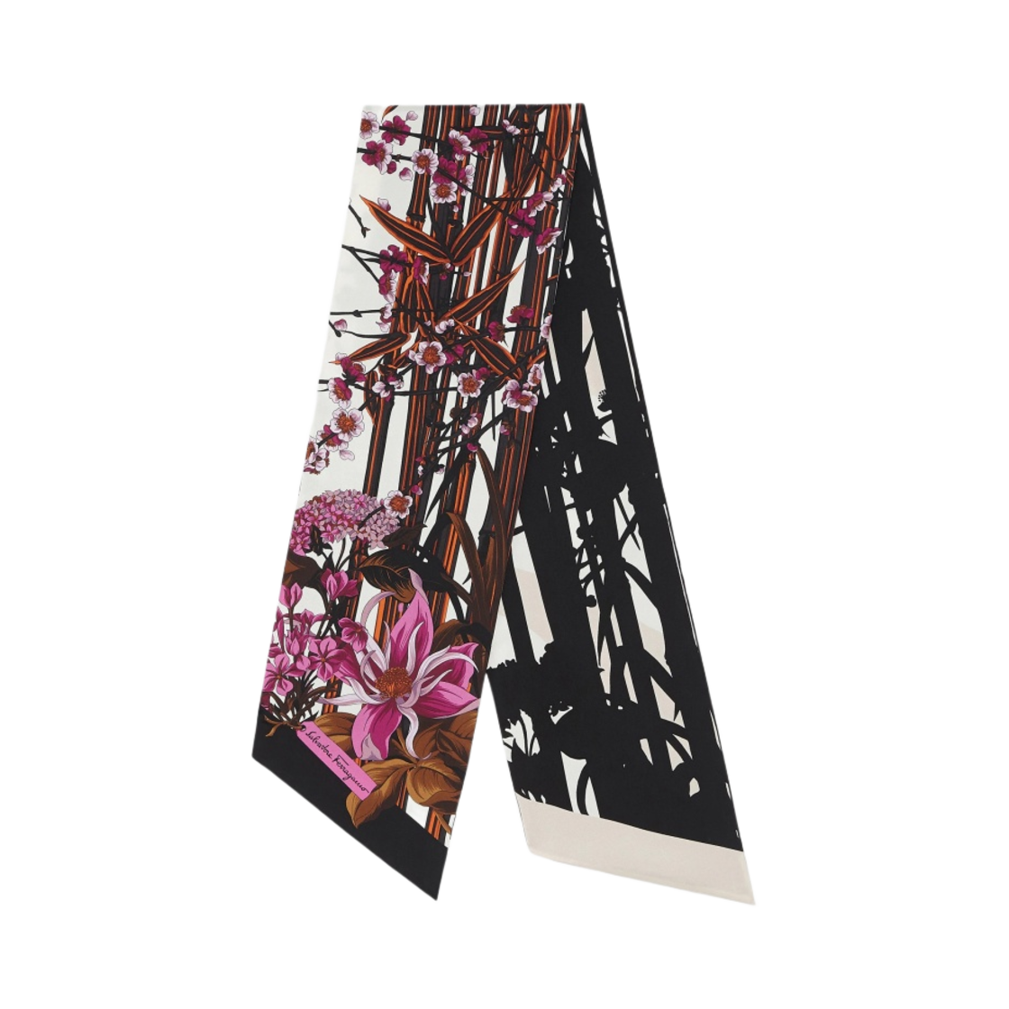 (W) 페라가모 왜가리 프린트 실크 트윌리 밴드 블랙 푸시아((W) Ferragamo Aironi Print Silk Twilly Band Black Fuchsia) - 1