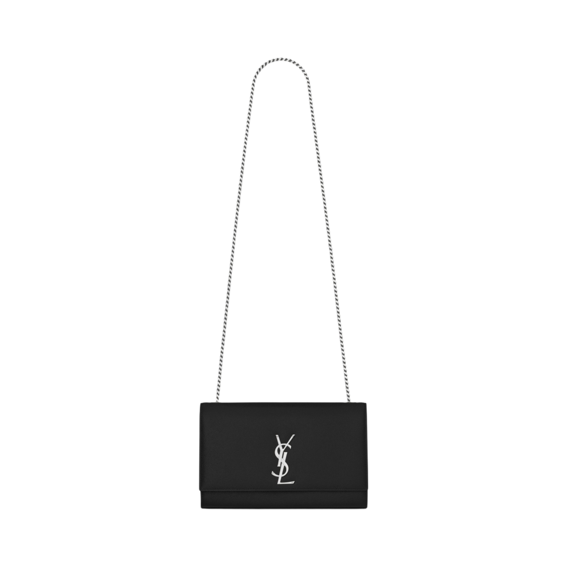 364021-BOW0N-1000 Saint Laurent Silver Monogram Kate Medium Bag with Silver Chain Strap in Grain De Poudre Embossed Leather Black