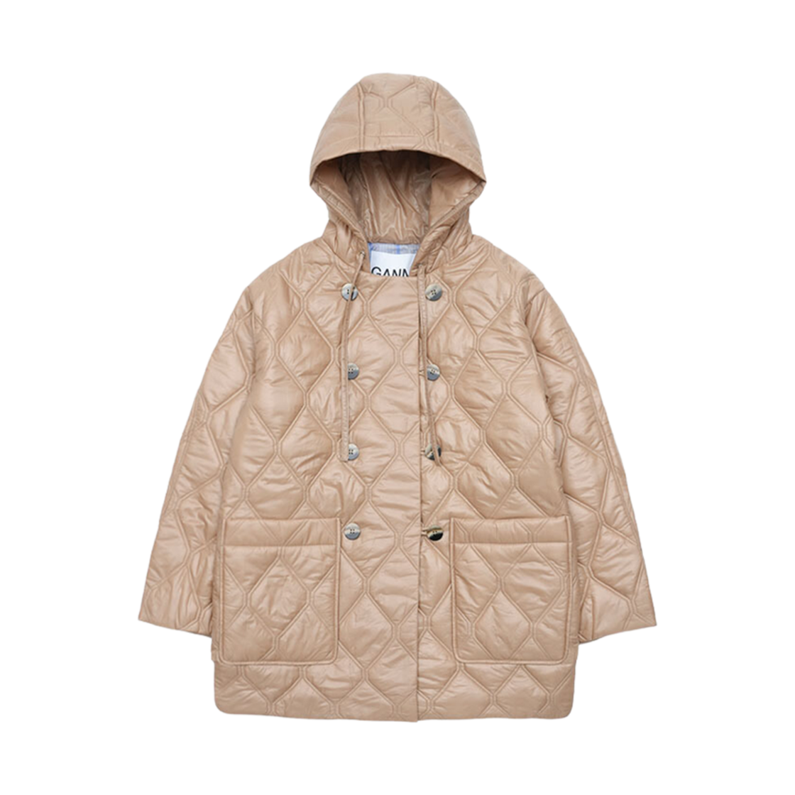 (W) 가니 샤이니 퀼트 후드 자켓 타닌((W) Ganni Shiny Quilt Hooded Jacket Tanin)