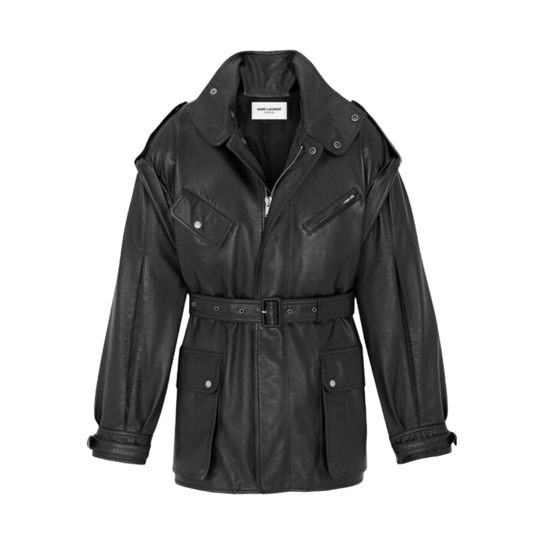 (W) 생로랑 벨티드 코트 램스킨 블랙((W) Saint Laurent Belted Coat In Lambskin Black) - 1