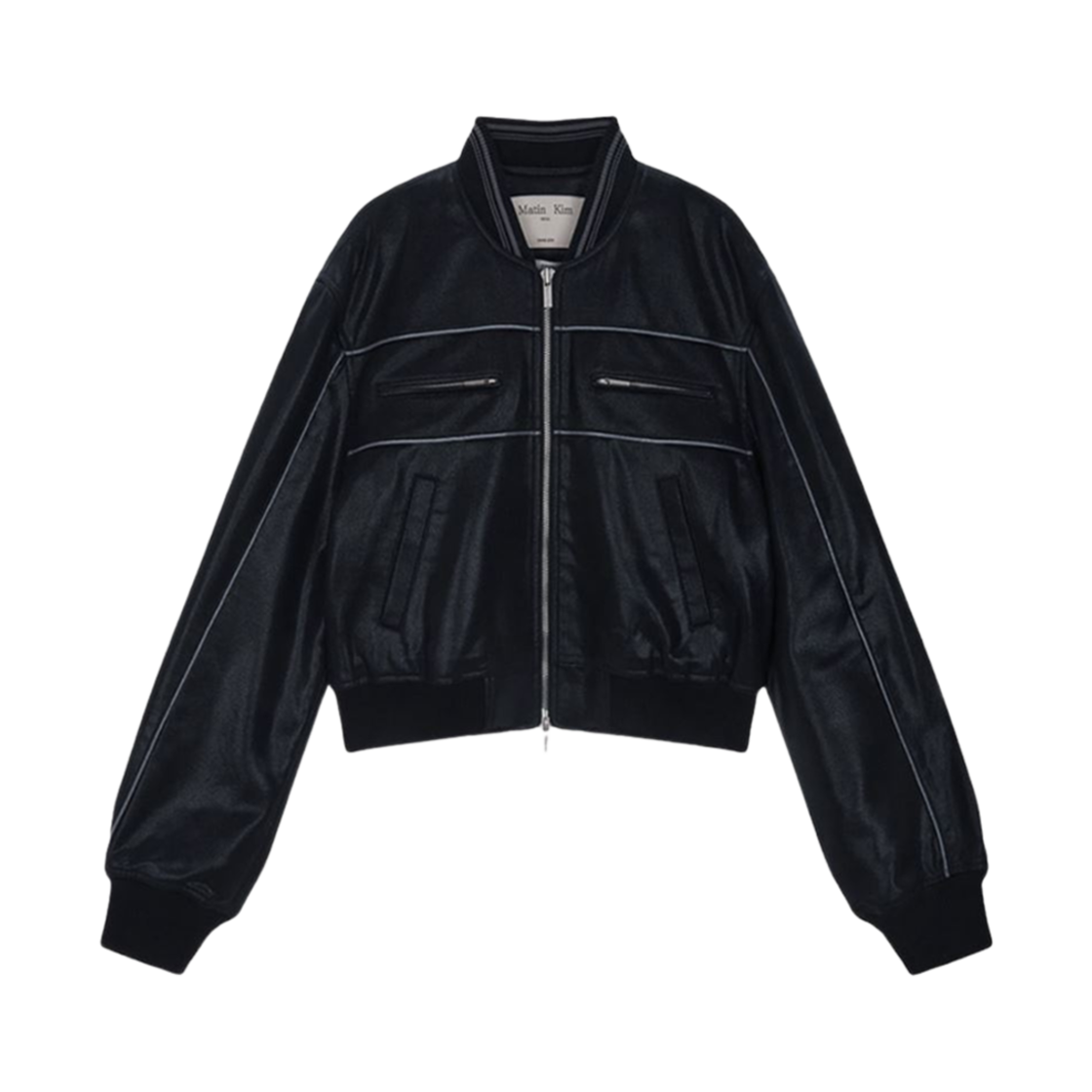 (W) 마뗑킴 레더 베이스볼 크롭 점퍼 다크 네이비((W) Matin Kim Leather Baseball Crop Jumper Dark Navy) - 1