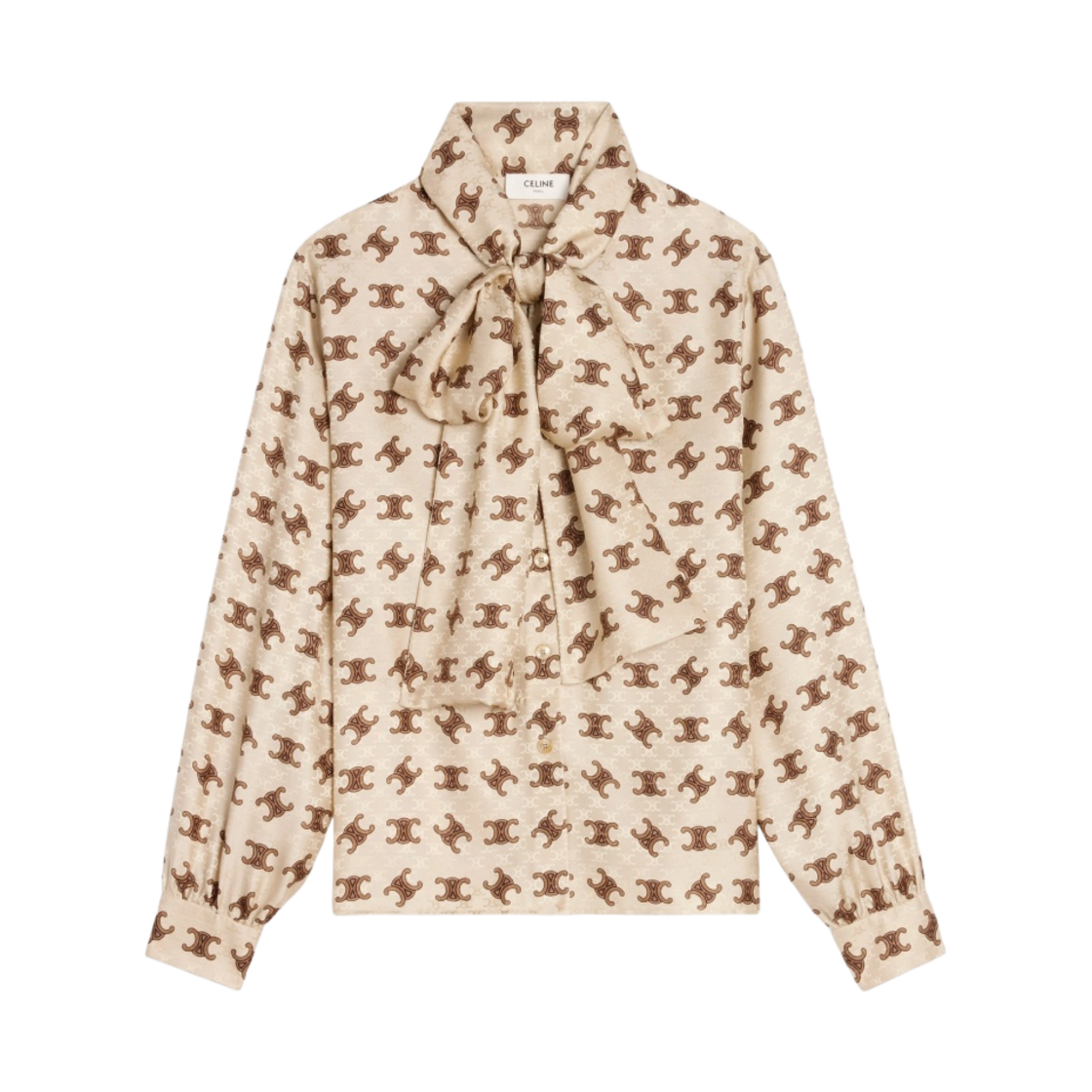 (W) 셀린느 샤이니 매트 실크 라발리에르 블라우스 누가 누아제트((W) Celine Lavalliere Blouse in Shiny Matte Silk Nougat Noisette) - 1