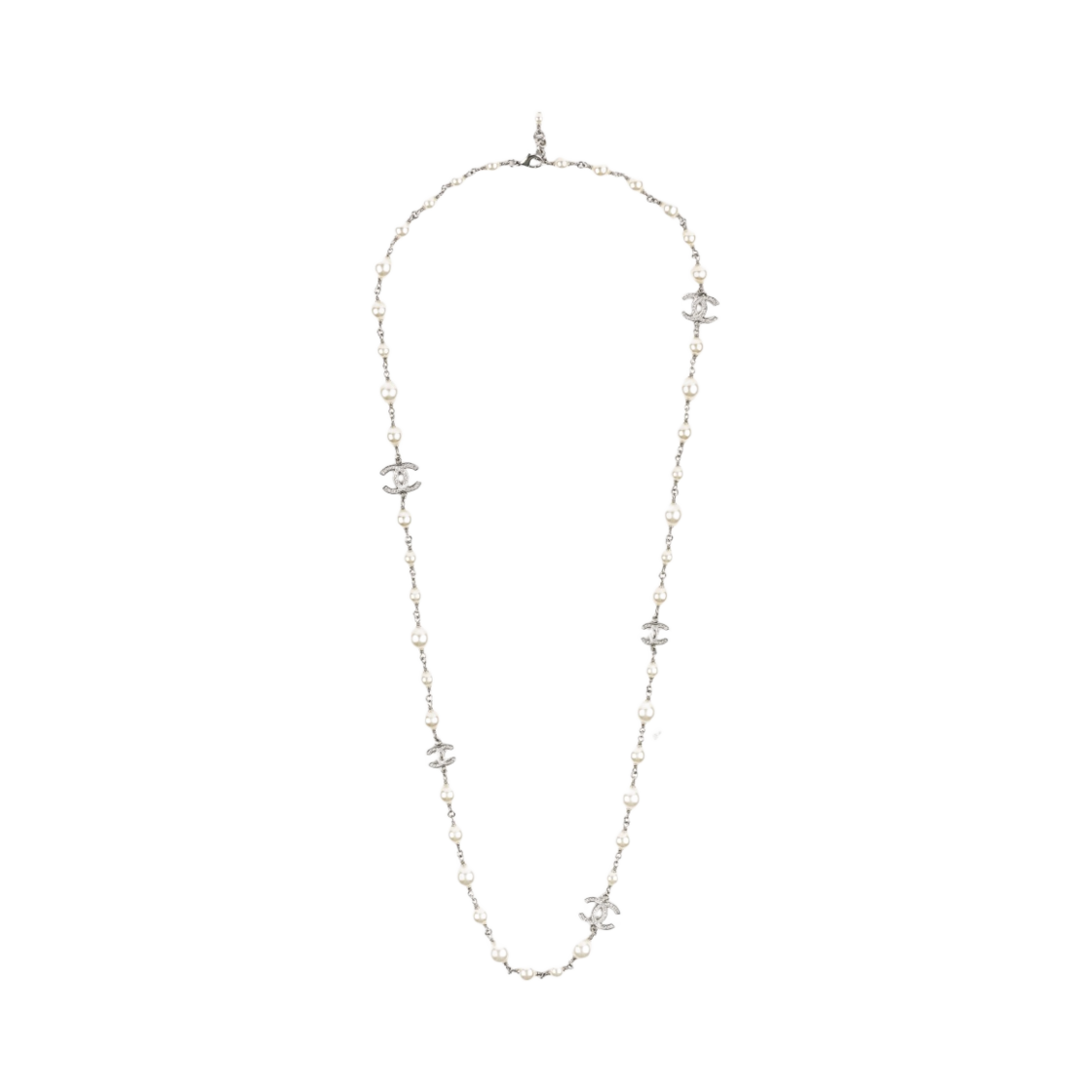 (W) 샤넬 네클리스 메탈 글라스 스트라스 & 실버 펄리 화이트((W) Chanel Necklace Metal Glass Strass & Silver Pearly White) - 1