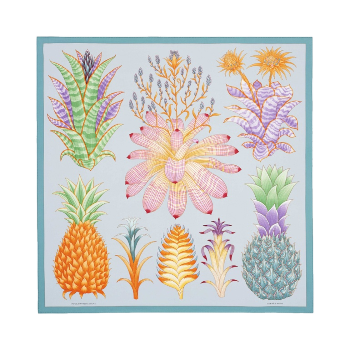 (W) 에르메스 인덱스 브로멜리아케아이 스카프 90 블루 씨엘 비올레 베르((W) Hermes Index Bromeliaceae Scarf 90 Bleu Ciel Violet Vert) - 1