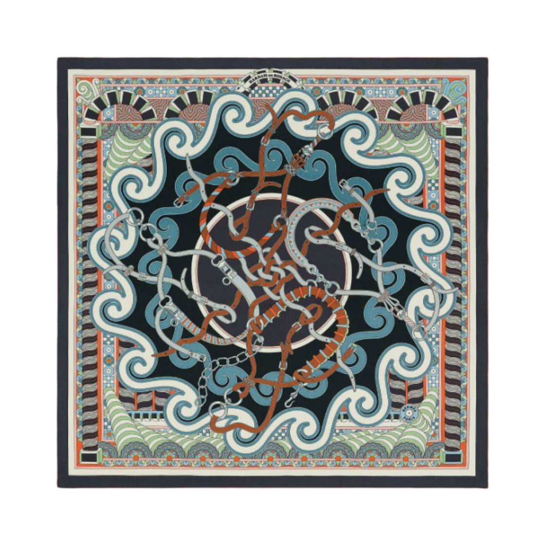 (W) 에르메스 아르네 엔 로자스 숄 140 마린 블랑 멀티꼴로르((W) Hermes Harnais en Rosace Shawl 140 Marine Blanc Multicolore) - 1