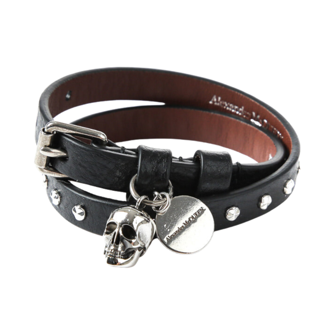 알렉산더 맥퀸 실버 스컬 스터드 더블 랩 브레이슬릿 블랙(Alexander McQueen Silver Skull Stud Double Wrap Bracelet Black)