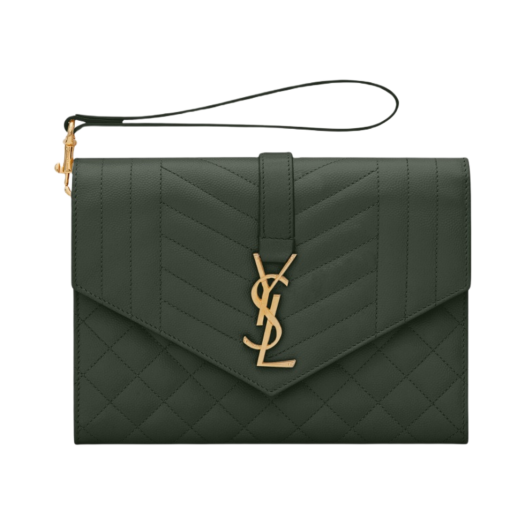 Saint Laurent Envelope Flap Pouch in Mix Matelasse Grain De Poudre Embossed Leather Dark Green