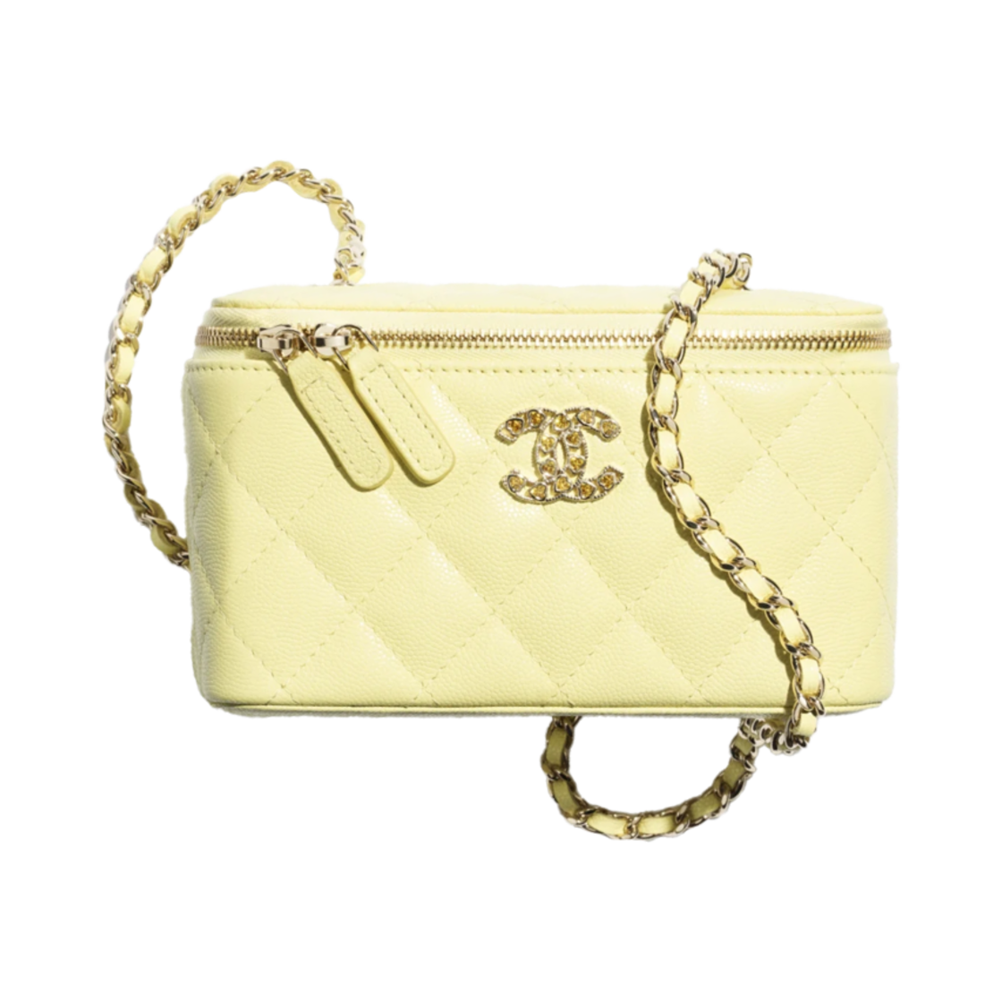 샤넬 체인 코스메틱 케이스 샤이니 그레인드 카프스킨 스트라스 & 골드 메탈 라이트 옐로우 (내부 거울 포함)(Chanel Vanity with Chain Shiny Grained Calfskin Strass & Gold Light Yellow (Inside Mirror)) - 1