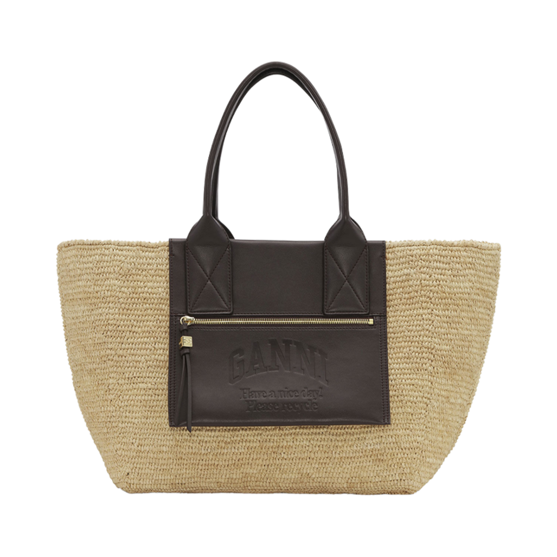 A6823-901 Ganni Medium Raffia Tote Seal Brown