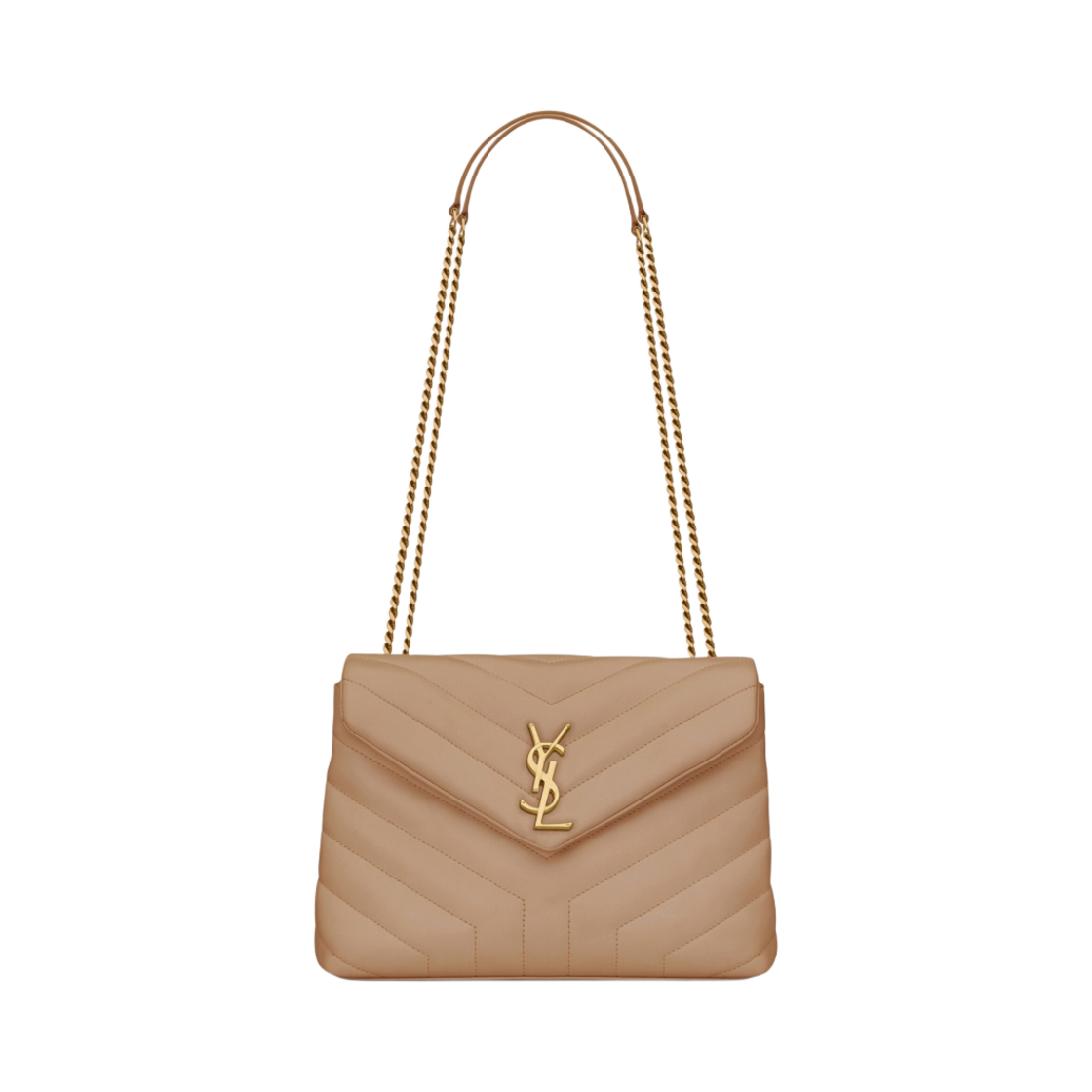 494699-DV727-2721 Saint Laurent Bronze Monogram Loulou Small Bag in Matelasse Y Leather Dark Beige