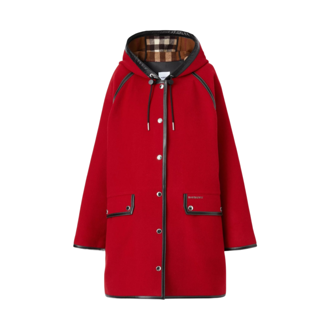 (W) 버버리 레더 트림 울 후드 파카 브라이트 레드((W) Burberry Leather Trim Wool Hooded Parka Bright Red) - 1