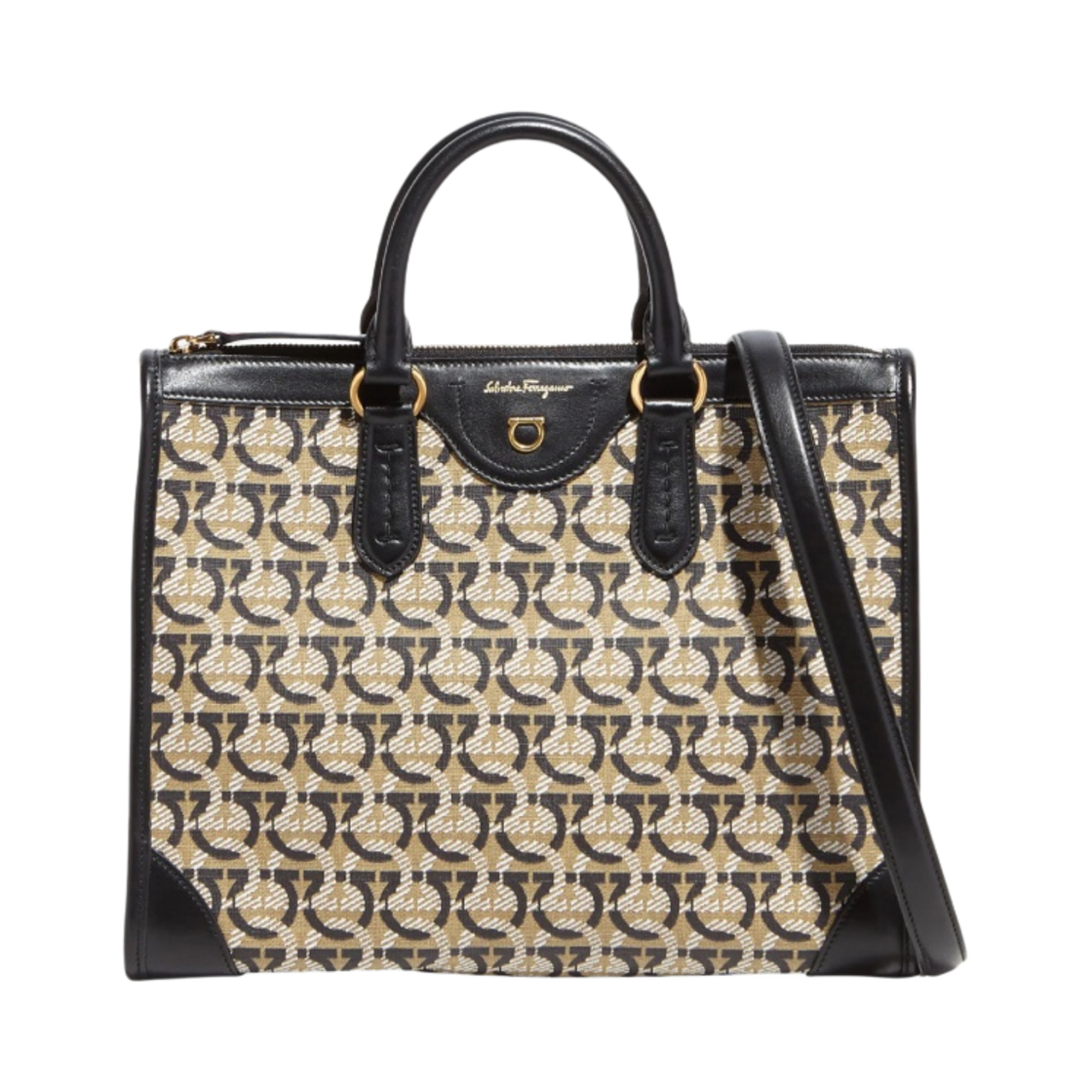 페라가모 로고 미디움 간치니 토트백 샌드 블랙 레드(Ferragamo Logo Medium Gancini Tote Bag Sand Black Red) - 1