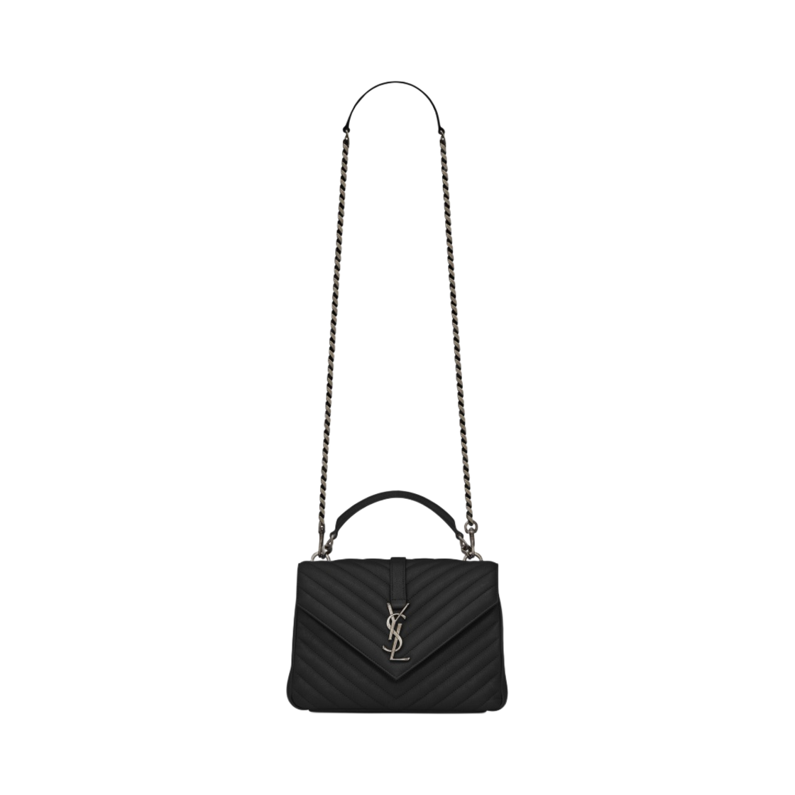 생로랑 마틀라세 레더 실버 모노그램 컬리지 미디움 체인백 블랙(Saint Laurent Silver Monogram College Medium Chain Bag in Matelasse Leather Black)