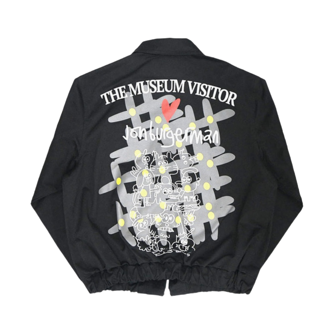 더뮤지엄비지터 x 존 버거맨 위 아 버디 플라워 프린팅 커브드 지퍼 블루종 블랙(The Museum Visitor x Jon Burgerman We Are Buddy Flower Printed Curved Zipper Blouson Black)