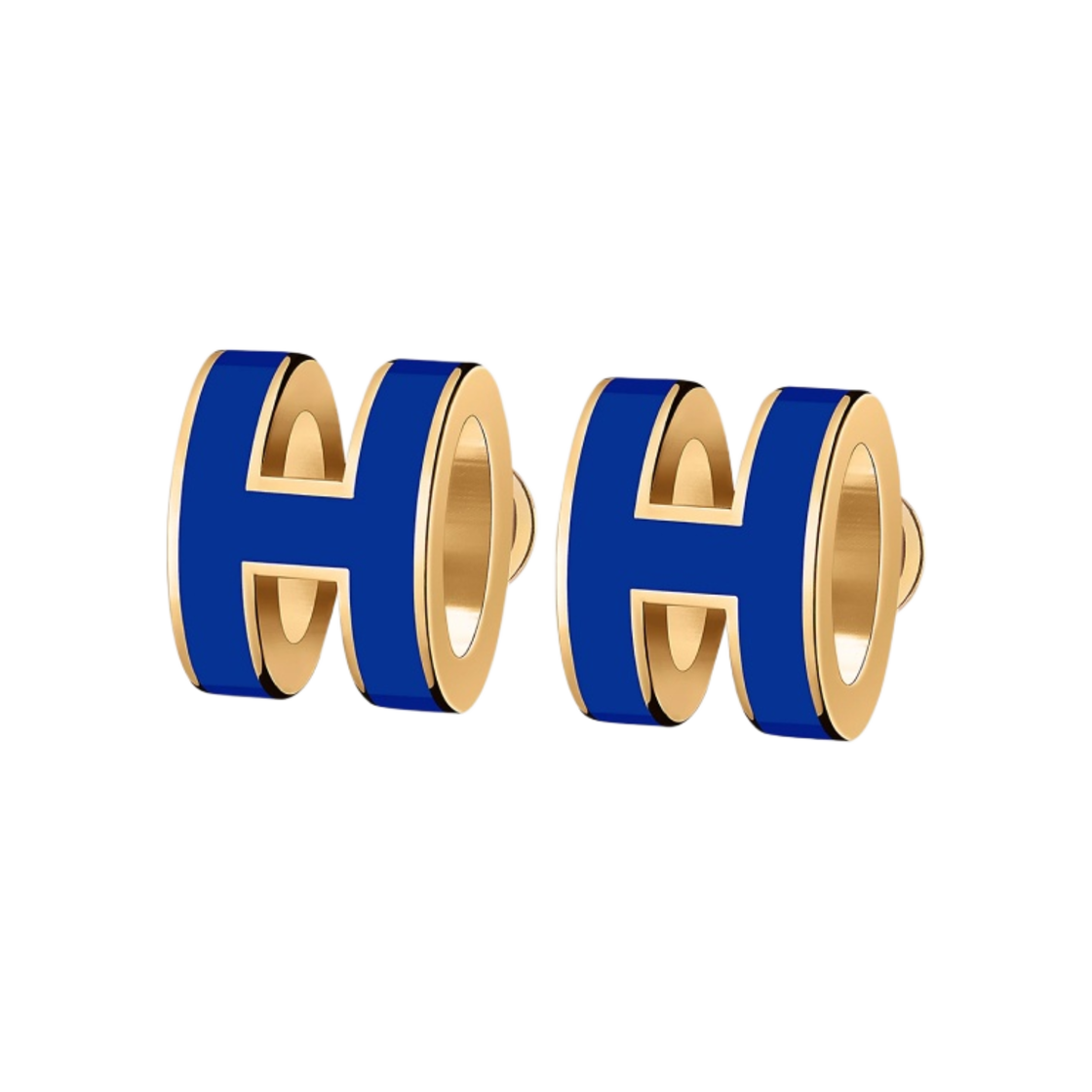 (W) 에르메스 미니 팝아슈 이어링 골드 하드웨어 & 블루 로아얄((W) Hermes Mini Pop H Earrings Gold & Bleu Royal) - 1