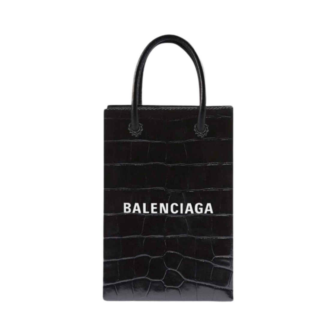 5938261U61N1090 Balenciaga Crocodile Embossed Mini Shopping Bag Phone Holder Black
