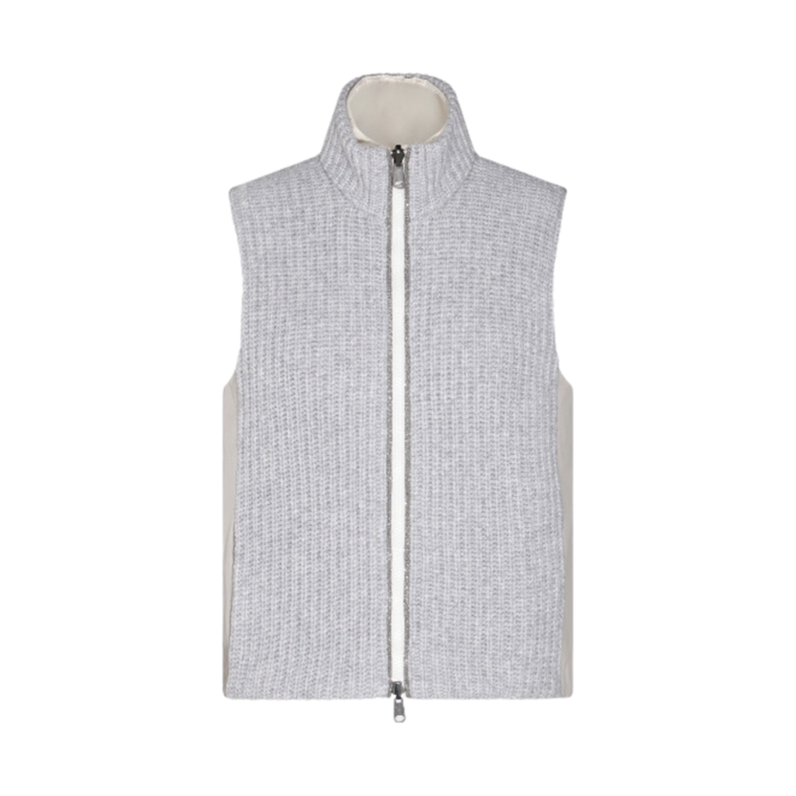 (W) 브루넬로 쿠치넬리 모닐리 캐시미어 페더 얀 리버시블 니트 다운 베스트 그레이((W) Brunello Cucinelli Cashmere Feather Yarn Reversible Knit Down Vest with Monili Grey)
