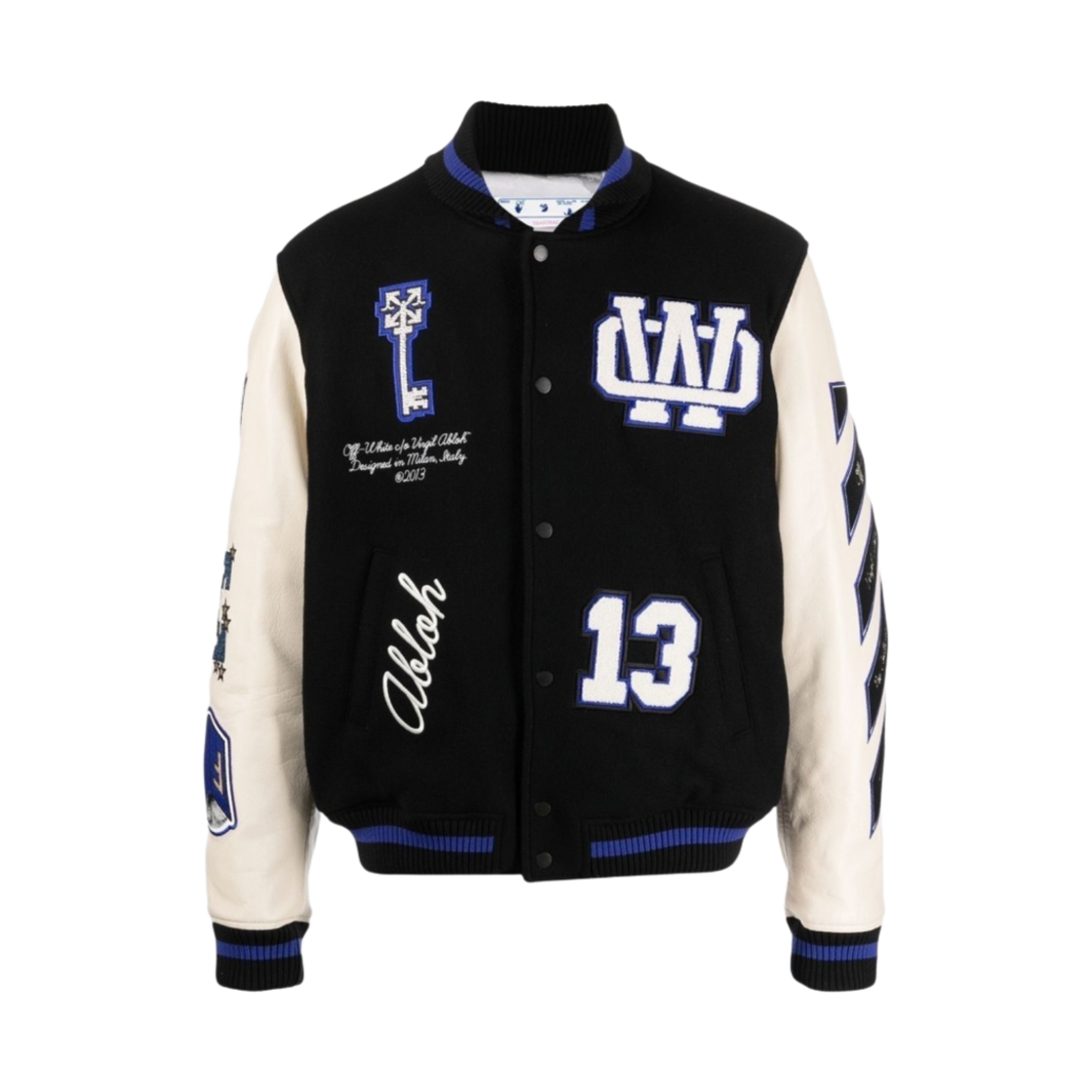 오프화이트 로고 패치 바시티 자켓 블랙 블루(Off-White Logo Patch Varsity Jacket Black Blue)