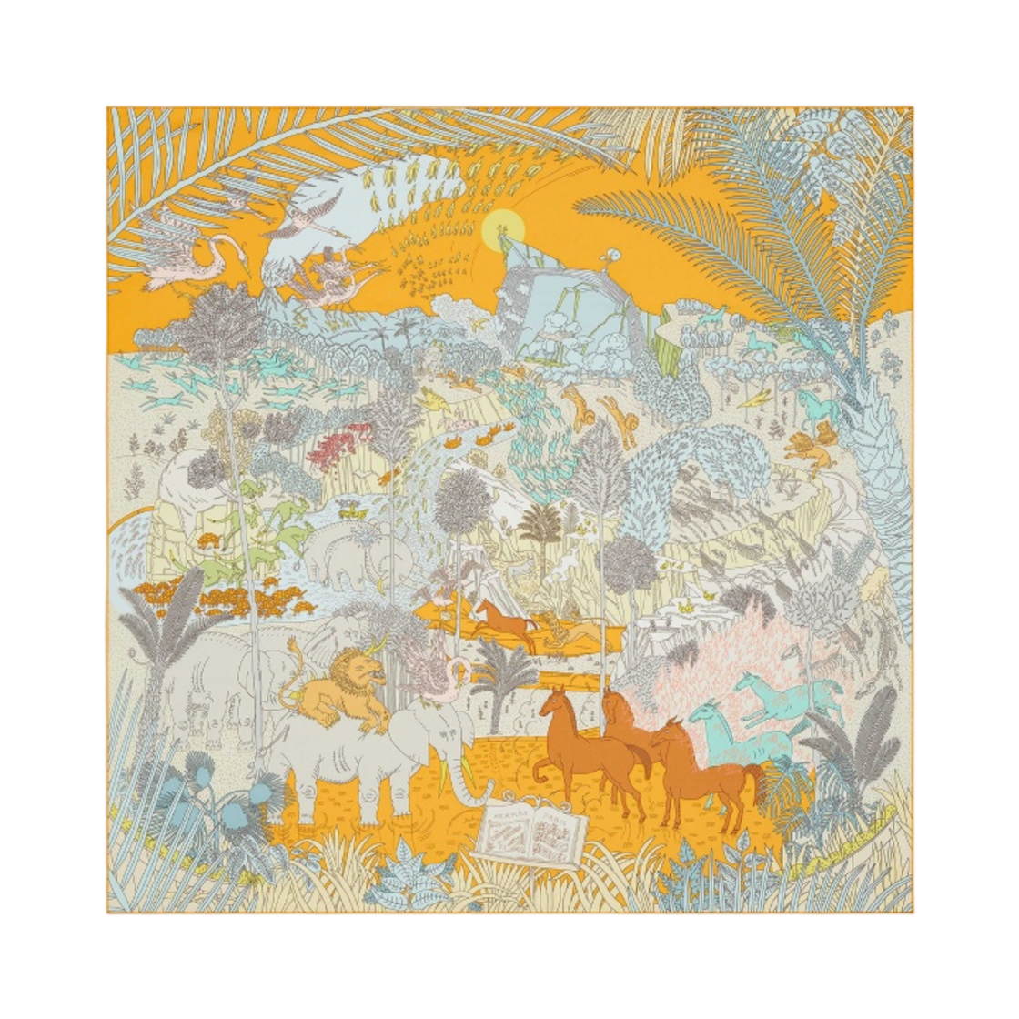 (W) 에르메스 르 카나발 데 아니모 스카프 90 부똥 도르 아쿠아 베르 드 그리((W) Hermes Le Carnaval des Animaux Scarf 90 Bouton D'or Aqua Vert De Gris) - 1