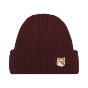 Maison Kitsune Fox Head Patch Ribbed Beanie Wine Lees