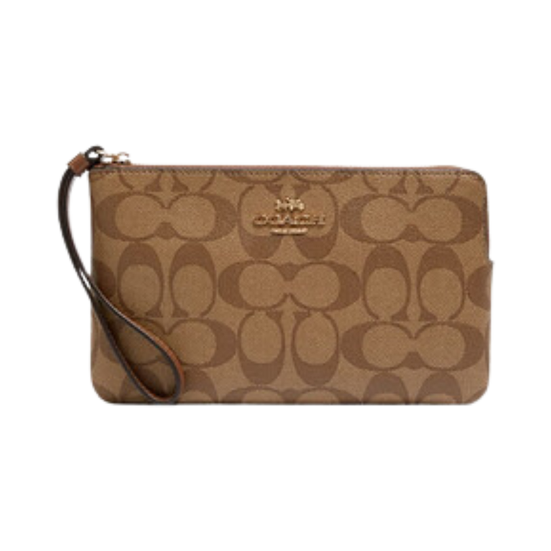 CS438-IME74 Coach Large Corner Zip Wristlet in Signature Canvas Khaki Saddle