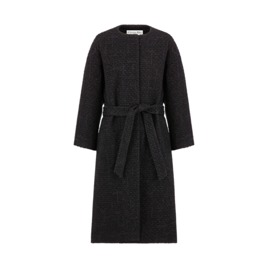 (W) Dior Coat With Belt Metallic Black Technical Wool Tweed
