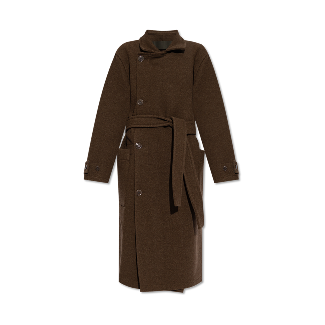 CO1090-LF1117-194 Lemaire Contrast Stitch Wrap Coat Brown Chine