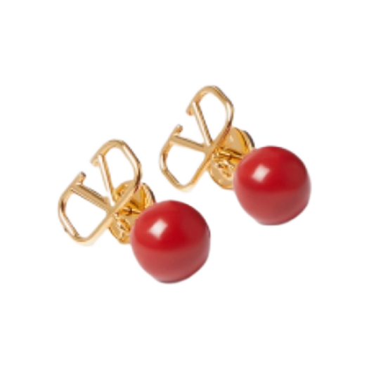 (W) Valentino V Logo Signature Metal Resin Earrings Celebrity Style Gold Coral