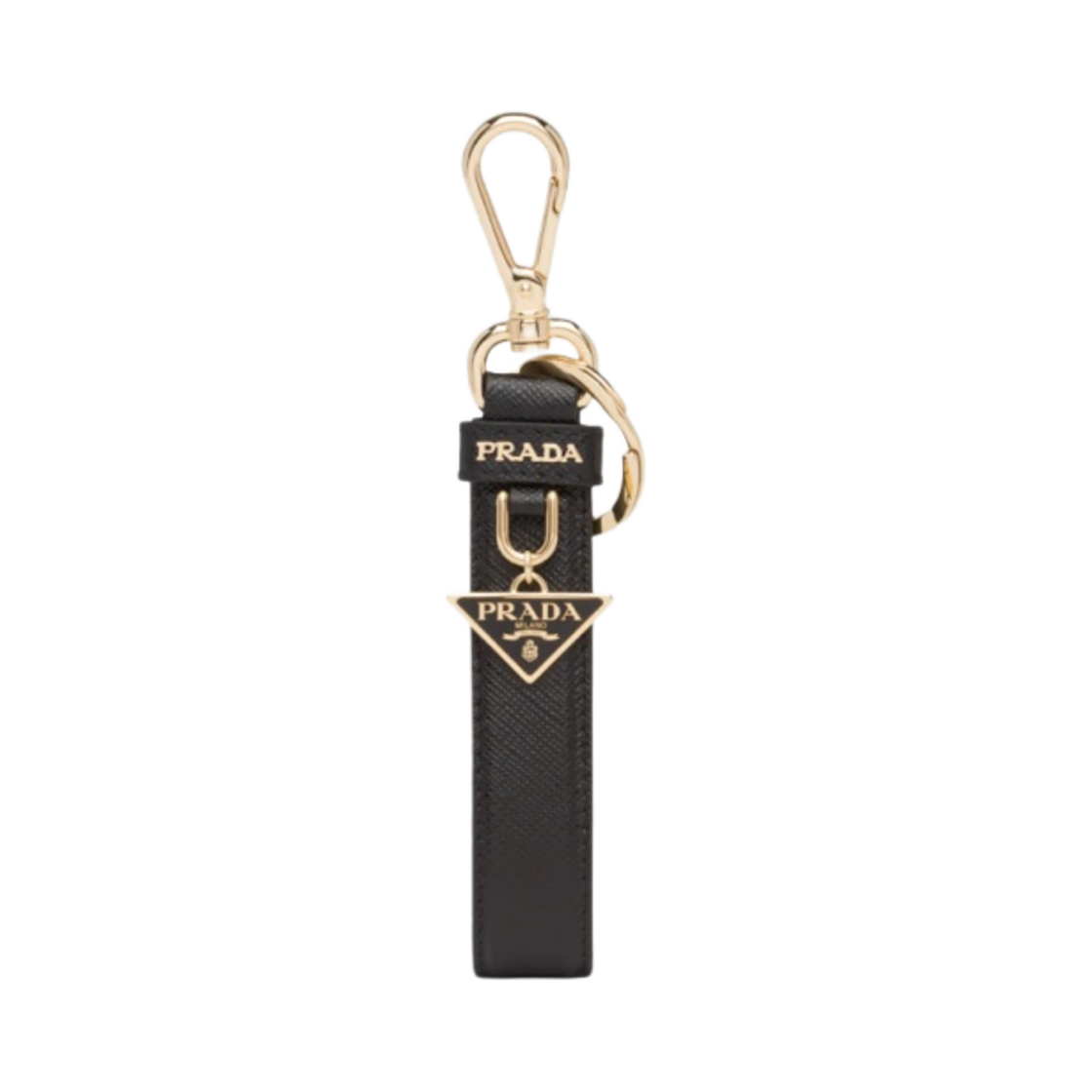 프라다 사피아노 레더 트라이앵글 로고 키링 블랙 골드(Prada Saffiano Leather Triangle Logo Keyring Black Gold)
