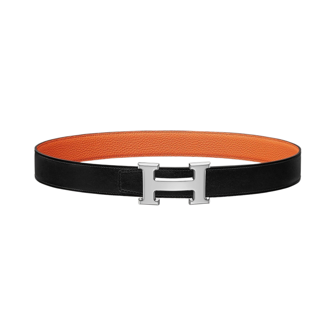 H064544CK05/H073967CAAE Hermes H Belt Buckle & Reversible Leather Strap 32mm &  Silver Noir Orange