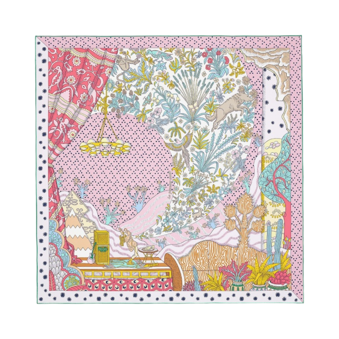 H003799S03 (W) Hermes Le Premier Chant Scarf 90 Vieux Rose Vert Jaune