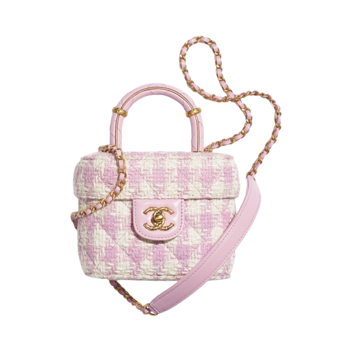 샤넬 스몰 코스메틱 케이스 트위드 램스킨 & 골드 메탈 핑크 에크루(Chanel Small Vanity Case Tweed Lambskin & Gold Pink Ecru) - 1