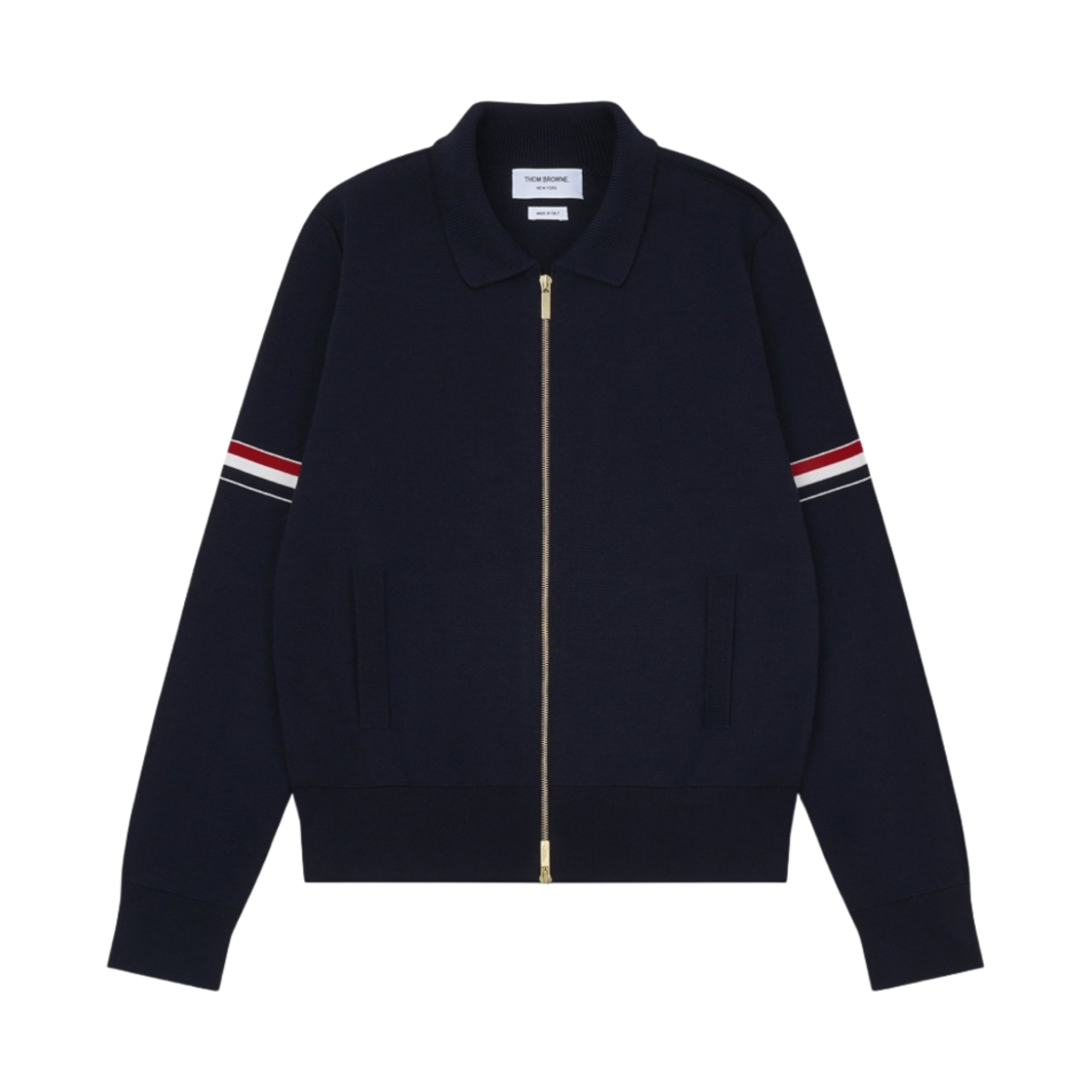 MKJ076A-Y3007-415 Thom Browne Cotton Milano Stitch RWB Armband Polo Bomber Jacket Navy
