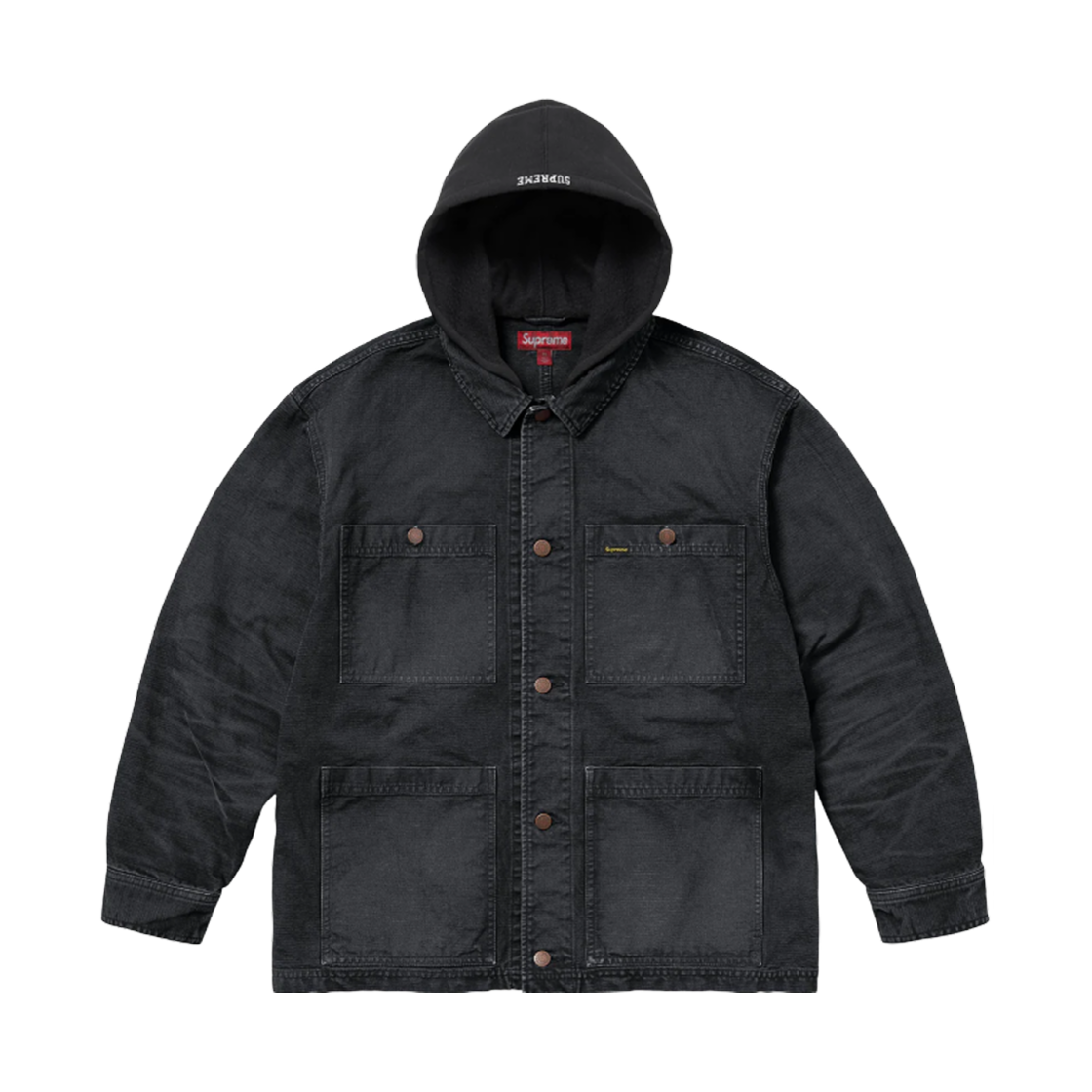 슈프림 원 후드 초어 코트 블랙 - 25SS(Supreme Worn Hooded Chore Coat Black - 25SS) - 1