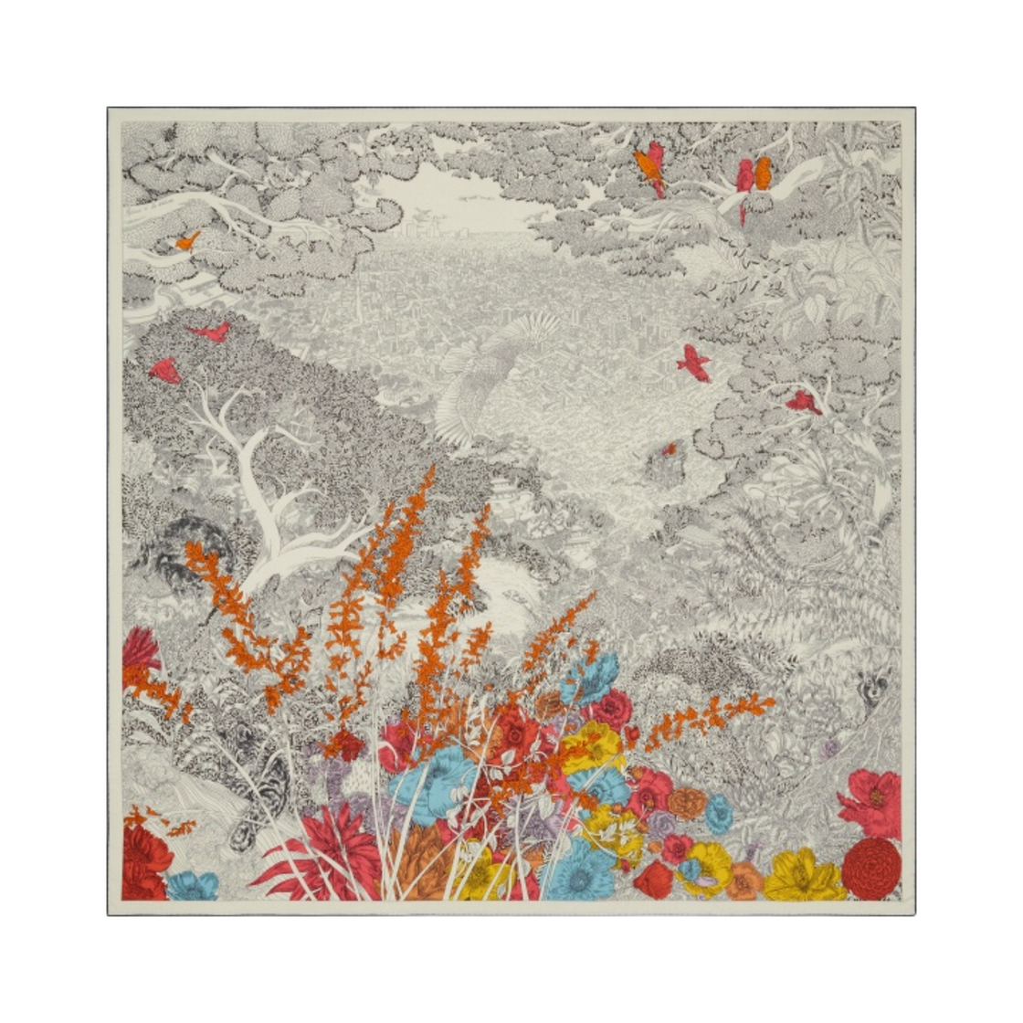 (W) 에르메스 리뚜아 라 나뚜르 숄 140 블랑 누아 멀티꼴로르((W) Hermes Retour A La Nature Shawl 140 Blanc Noir Multicolore) - 1